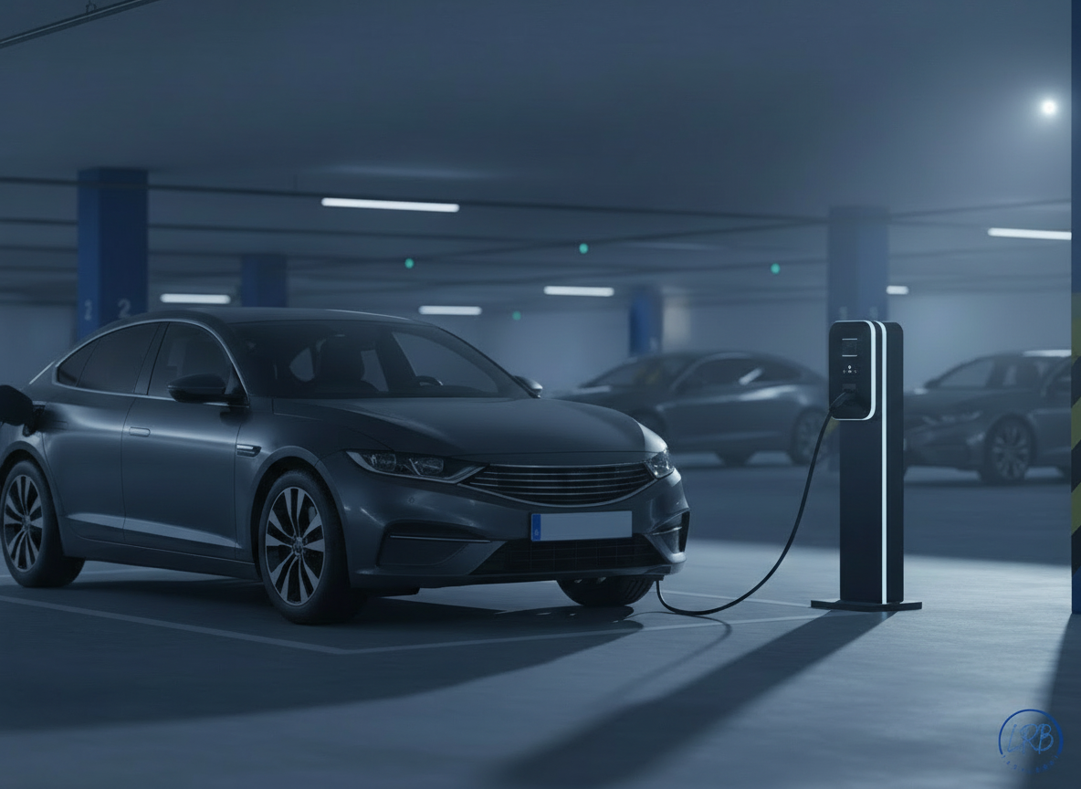 Flota VTC con vehículo eléctrico cargando en base